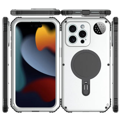 For iPhone 15 Pro Max Magnetic Case Kickstand Metal+TPU Phone Cover with Tempered Glass Film