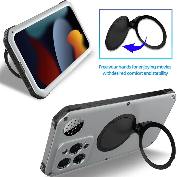 For iPhone 15 Pro Max Magnetic Case Kickstand Metal+TPU Phone Cover with Tempered Glass Film