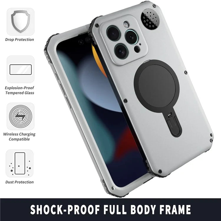 For iPhone 15 Pro Max Magnetic Case Kickstand Metal+TPU Phone Cover with Tempered Glass Film
