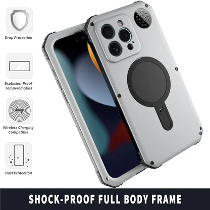 For iPhone 15 Pro Max Magnetic Case Kickstand Metal+TPU Phone Cover with Tempered Glass Film