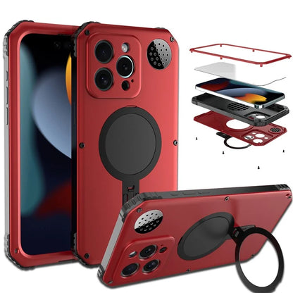 For iPhone 15 Pro Max Magnetic Case Kickstand Metal+TPU Phone Cover with Tempered Glass Film