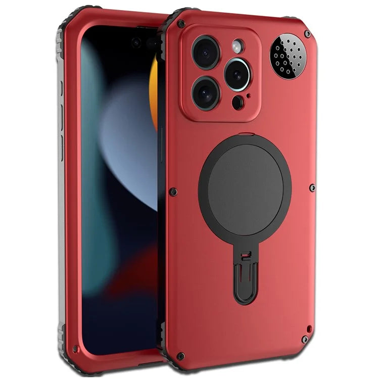 For iPhone 15 Pro Max Magnetic Case Kickstand Metal+TPU Phone Cover with Tempered Glass Film