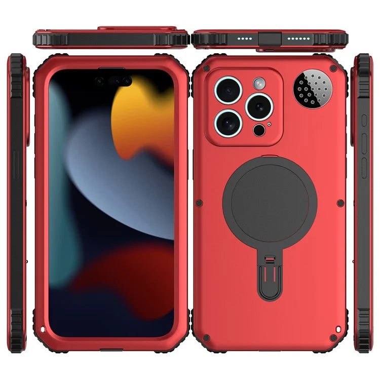 For iPhone 15 Pro Max Magnetic Case Kickstand Metal+TPU Phone Cover with Tempered Glass Film