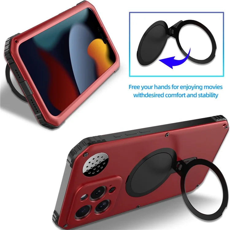 For iPhone 15 Pro Max Magnetic Case Kickstand Metal+TPU Phone Cover with Tempered Glass Film