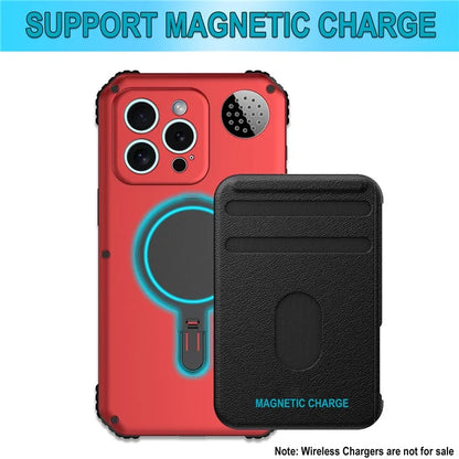 For iPhone 15 Pro Max Magnetic Case Kickstand Metal+TPU Phone Cover with Tempered Glass Film