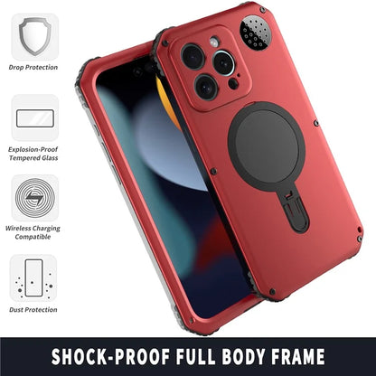 For iPhone 15 Pro Max Magnetic Case Kickstand Metal+TPU Phone Cover with Tempered Glass Film