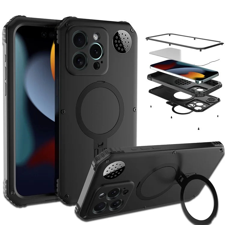 For iPhone 15 Pro Max Magnetic Case Kickstand Metal+TPU Phone Cover with Tempered Glass Film