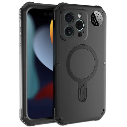For iPhone 15 Pro Max Magnetic Case Kickstand Metal+TPU Phone Cover with Tempered Glass Film