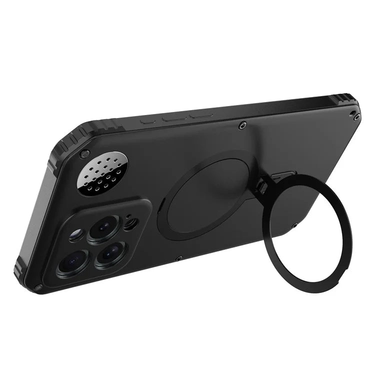 For iPhone 15 Pro Max Magnetic Case Kickstand Metal+TPU Phone Cover with Tempered Glass Film