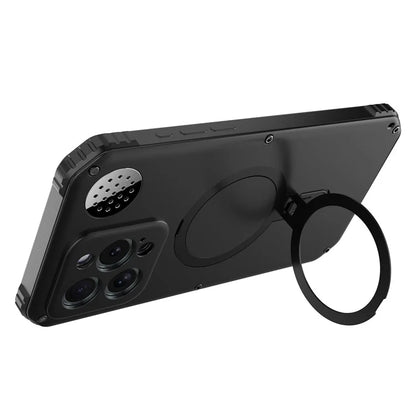 For iPhone 15 Pro Max Magnetic Case Kickstand Metal+TPU Phone Cover with Tempered Glass Film