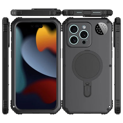For iPhone 15 Pro Max Magnetic Case Kickstand Metal+TPU Phone Cover with Tempered Glass Film