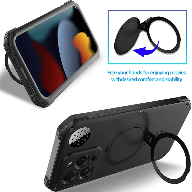 For iPhone 15 Pro Max Magnetic Case Kickstand Metal+TPU Phone Cover with Tempered Glass Film
