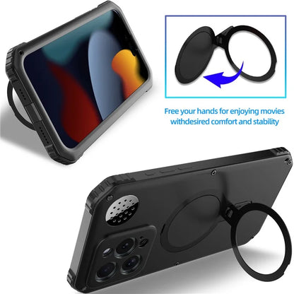 For iPhone 15 Pro Max Magnetic Case Kickstand Metal+TPU Phone Cover with Tempered Glass Film