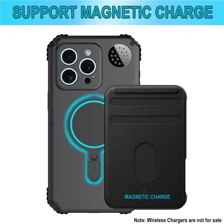 For iPhone 15 Pro Max Magnetic Case Kickstand Metal+TPU Phone Cover with Tempered Glass Film