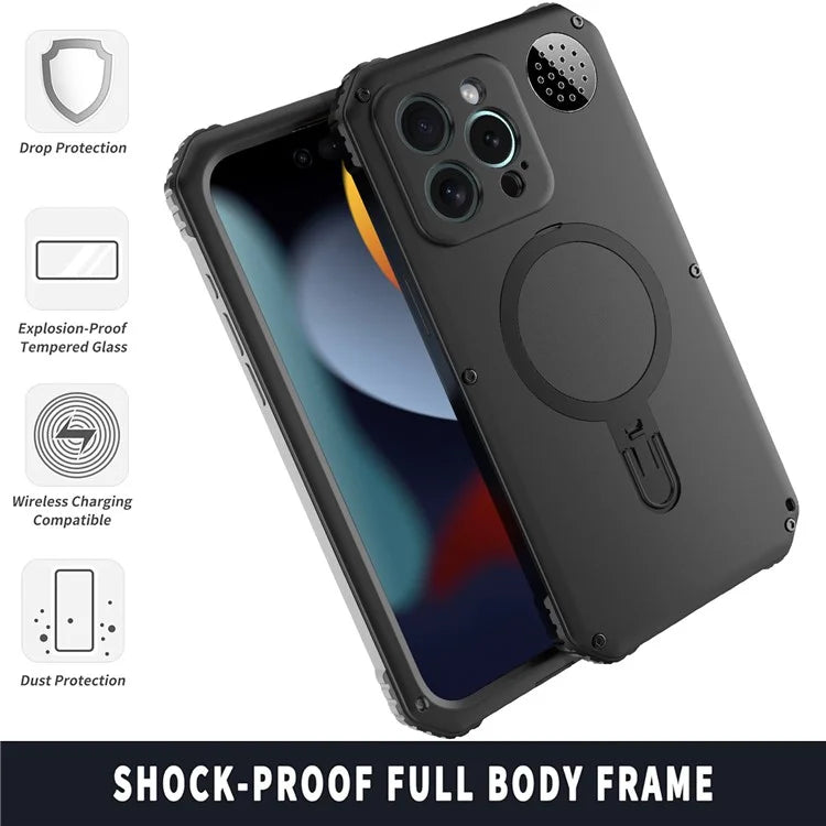 For iPhone 15 Pro Max Magnetic Case Kickstand Metal+TPU Phone Cover with Tempered Glass Film