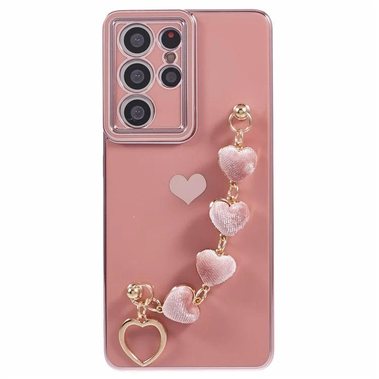 For Samsung Galaxy S21 Ultra 5G Case Electroplating TPU Phone Cover with Plush Love-Heart Strap