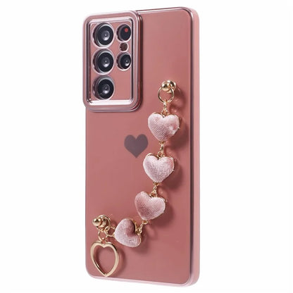 For Samsung Galaxy S21 Ultra 5G Case Electroplating TPU Phone Cover with Plush Love-Heart Strap
