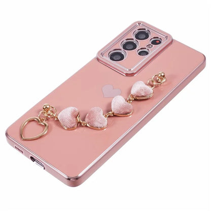 For Samsung Galaxy S21 Ultra 5G Case Electroplating TPU Phone Cover with Plush Love-Heart Strap
