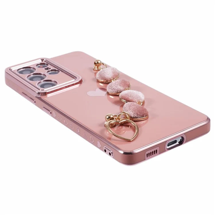 For Samsung Galaxy S21 Ultra 5G Case Electroplating TPU Phone Cover with Plush Love-Heart Strap
