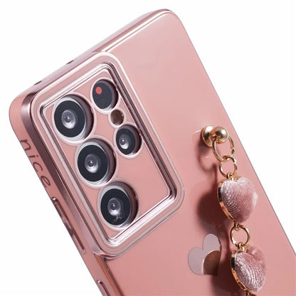For Samsung Galaxy S21 Ultra 5G Case Electroplating TPU Phone Cover with Plush Love-Heart Strap