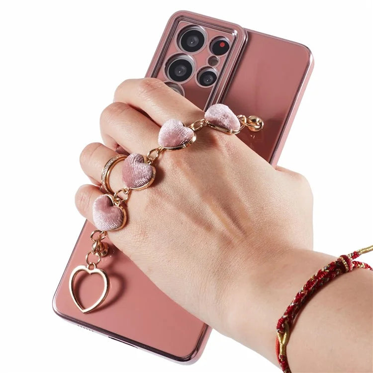 For Samsung Galaxy S21 Ultra 5G Case Electroplating TPU Phone Cover with Plush Love-Heart Strap