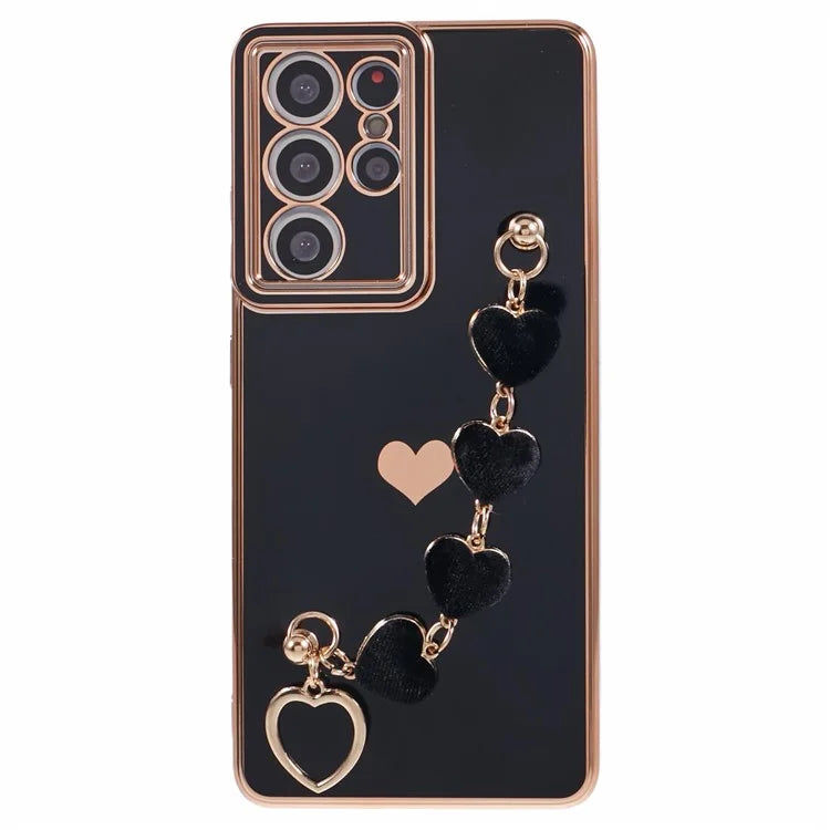 For Samsung Galaxy S21 Ultra 5G Case Electroplating TPU Phone Cover with Plush Love-Heart Strap