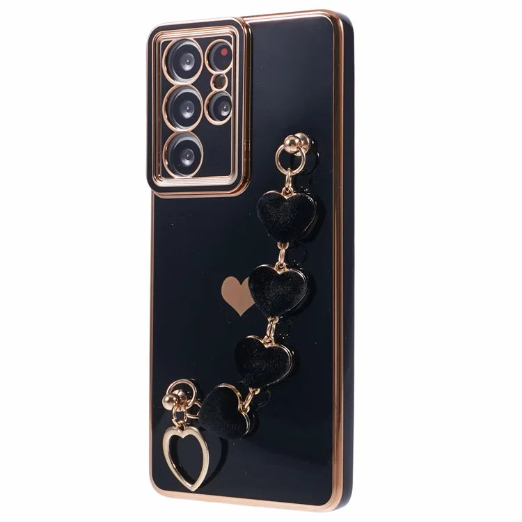 For Samsung Galaxy S21 Ultra 5G Case Electroplating TPU Phone Cover with Plush Love-Heart Strap