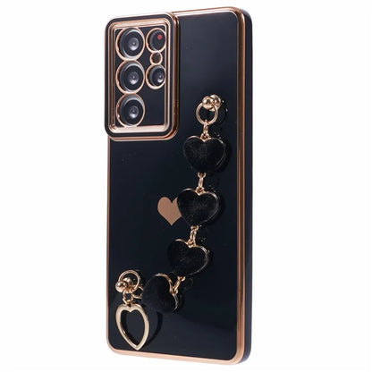 For Samsung Galaxy S21 Ultra 5G Case Electroplating TPU Phone Cover with Plush Love-Heart Strap