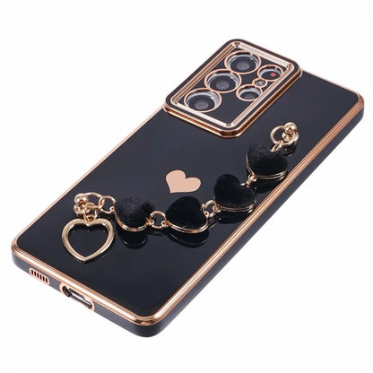 For Samsung Galaxy S21 Ultra 5G Case Electroplating TPU Phone Cover with Plush Love-Heart Strap
