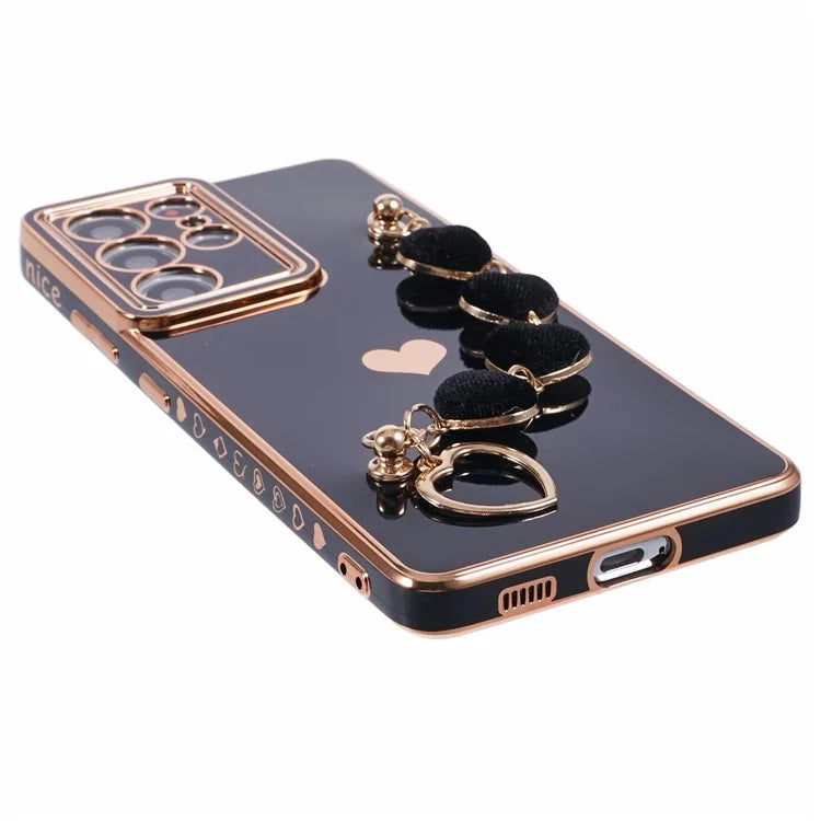 For Samsung Galaxy S21 Ultra 5G Case Electroplating TPU Phone Cover with Plush Love-Heart Strap