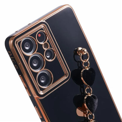 For Samsung Galaxy S21 Ultra 5G Case Electroplating TPU Phone Cover with Plush Love-Heart Strap