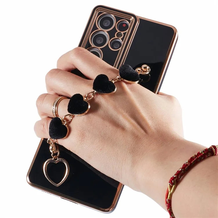 For Samsung Galaxy S21 Ultra 5G Case Electroplating TPU Phone Cover with Plush Love-Heart Strap