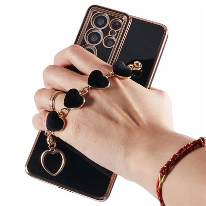 For Samsung Galaxy S21 Ultra 5G Case Electroplating TPU Phone Cover with Plush Love-Heart Strap