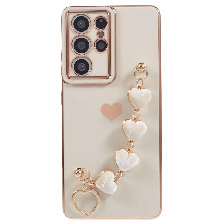 For Samsung Galaxy S21 Ultra 5G Case Electroplating TPU Phone Cover with Plush Love-Heart Strap