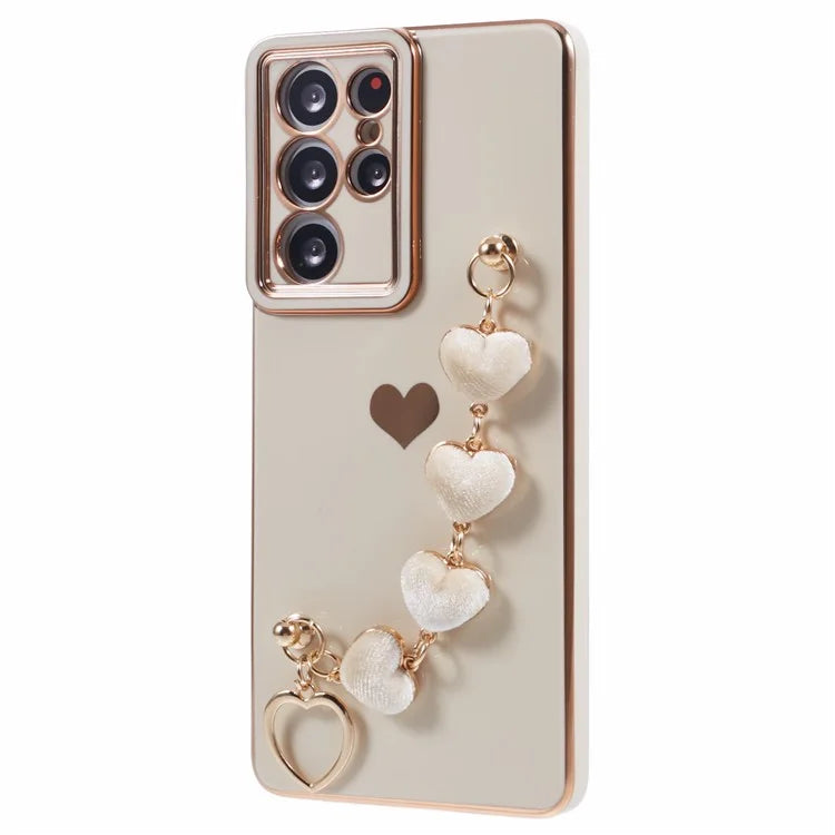 For Samsung Galaxy S21 Ultra 5G Case Electroplating TPU Phone Cover with Plush Love-Heart Strap