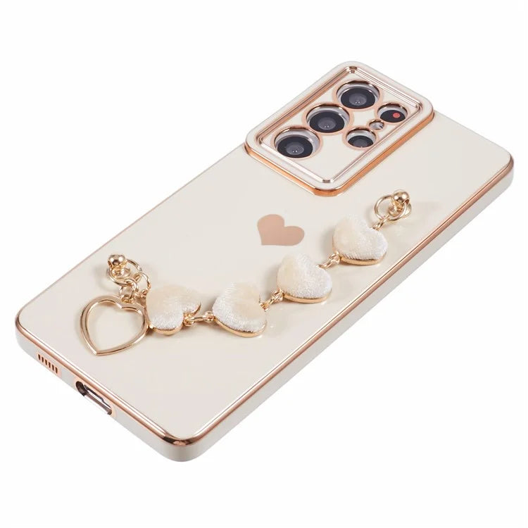 For Samsung Galaxy S21 Ultra 5G Case Electroplating TPU Phone Cover with Plush Love-Heart Strap