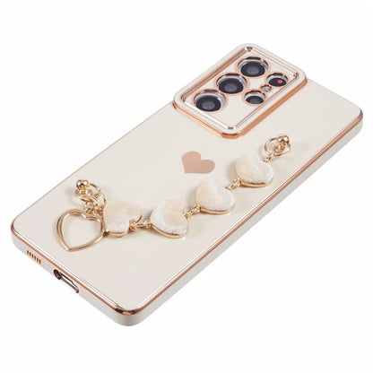 For Samsung Galaxy S21 Ultra 5G Case Electroplating TPU Phone Cover with Plush Love-Heart Strap