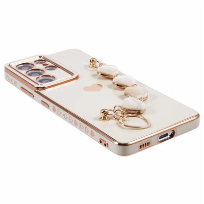 For Samsung Galaxy S21 Ultra 5G Case Electroplating TPU Phone Cover with Plush Love-Heart Strap