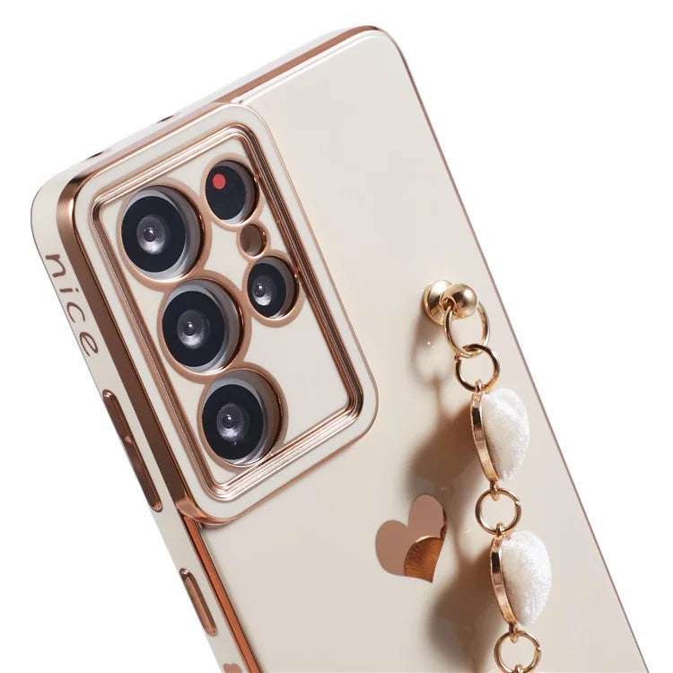For Samsung Galaxy S21 Ultra 5G Case Electroplating TPU Phone Cover with Plush Love-Heart Strap