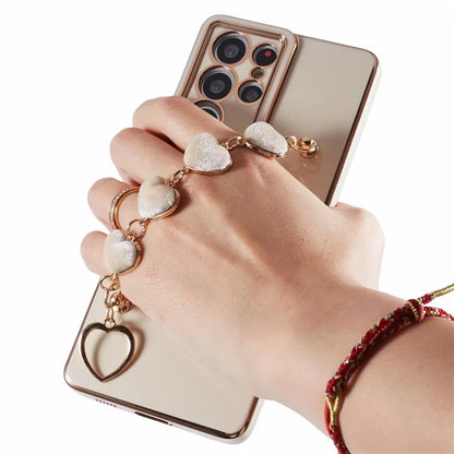 For Samsung Galaxy S21 Ultra 5G Case Electroplating TPU Phone Cover with Plush Love-Heart Strap