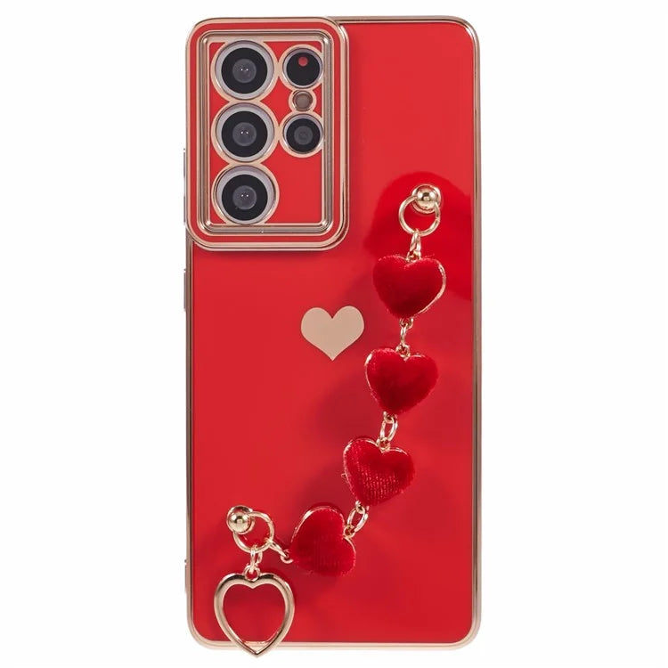 For Samsung Galaxy S21 Ultra 5G Case Electroplating TPU Phone Cover with Plush Love-Heart Strap