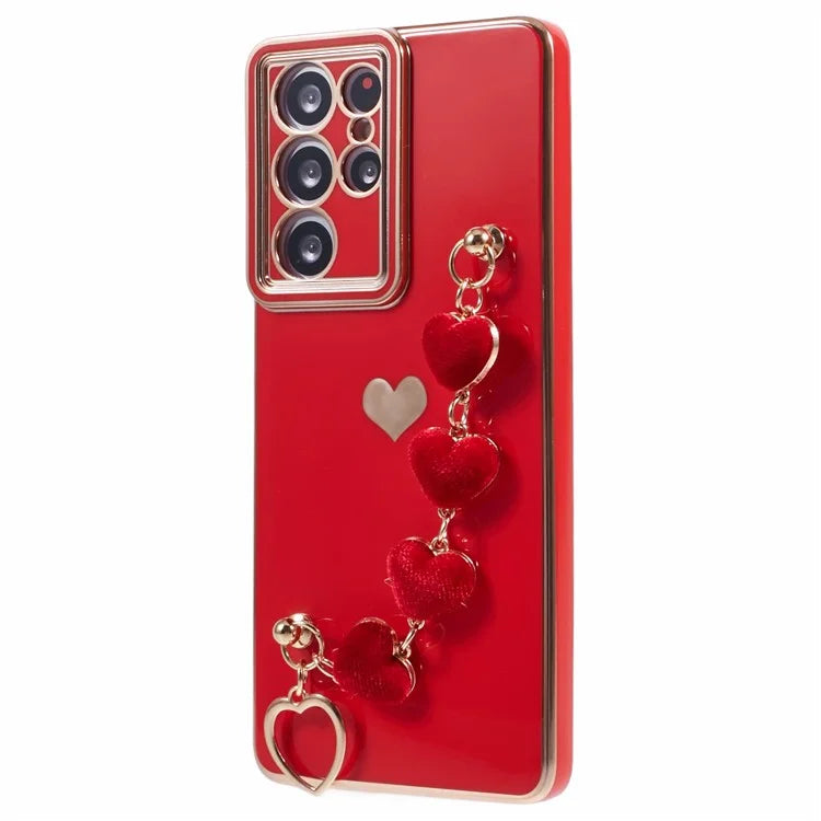 For Samsung Galaxy S21 Ultra 5G Case Electroplating TPU Phone Cover with Plush Love-Heart Strap