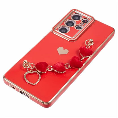 For Samsung Galaxy S21 Ultra 5G Case Electroplating TPU Phone Cover with Plush Love-Heart Strap