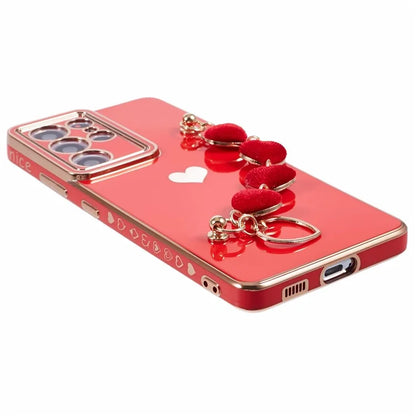 For Samsung Galaxy S21 Ultra 5G Case Electroplating TPU Phone Cover with Plush Love-Heart Strap