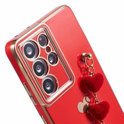 For Samsung Galaxy S21 Ultra 5G Case Electroplating TPU Phone Cover with Plush Love-Heart Strap