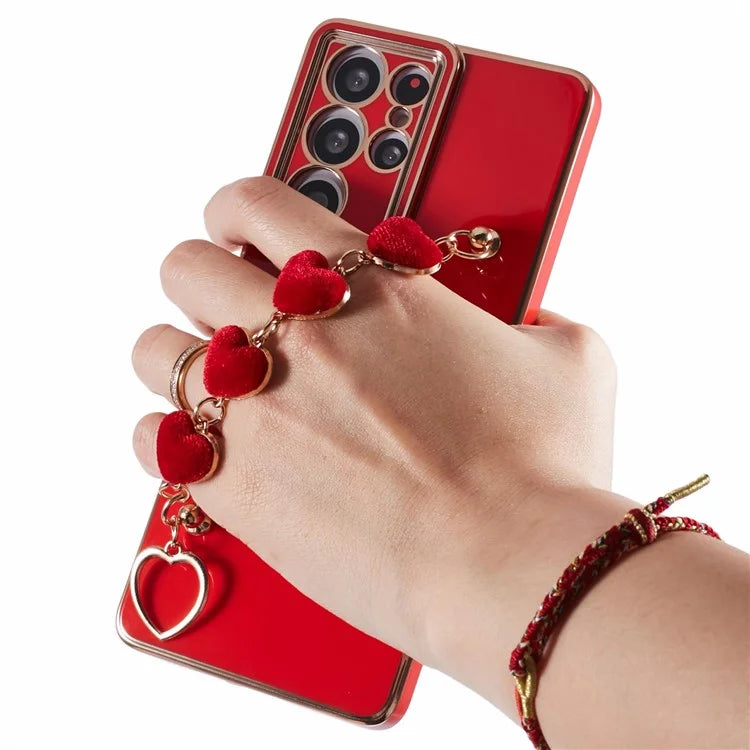 For Samsung Galaxy S21 Ultra 5G Case Electroplating TPU Phone Cover with Plush Love-Heart Strap