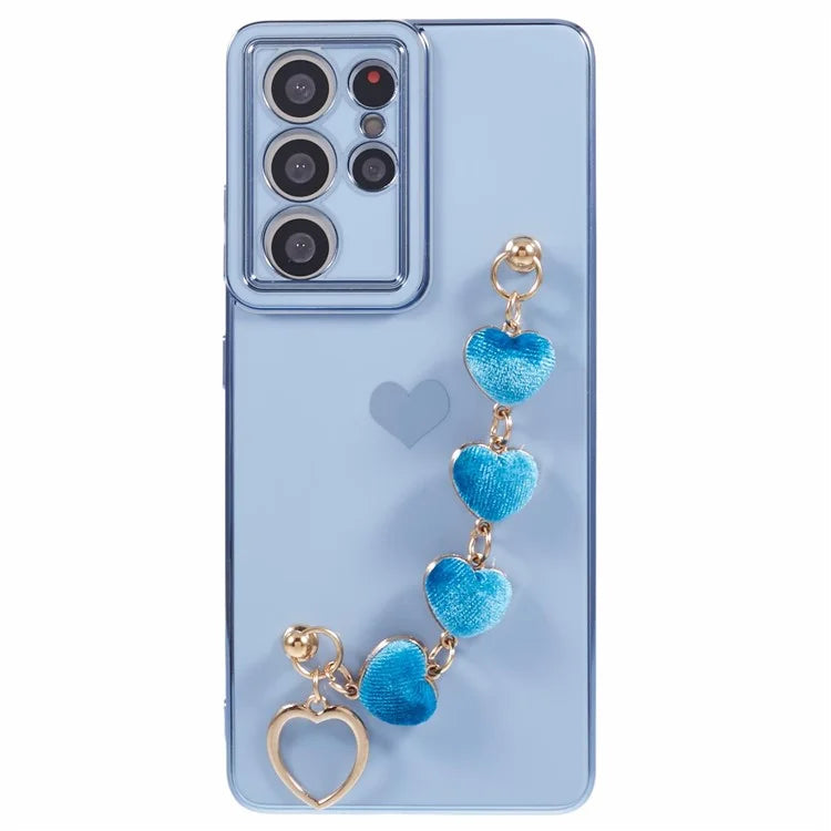 For Samsung Galaxy S21 Ultra 5G Case Electroplating TPU Phone Cover with Plush Love-Heart Strap
