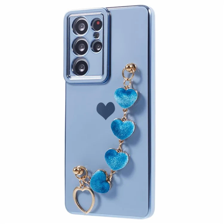 For Samsung Galaxy S21 Ultra 5G Case Electroplating TPU Phone Cover with Plush Love-Heart Strap