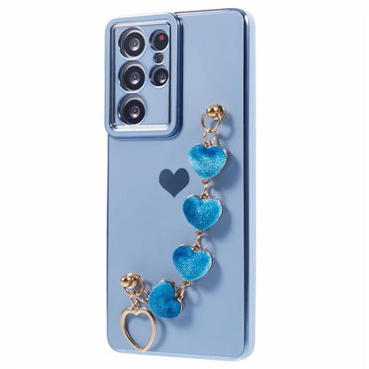 For Samsung Galaxy S21 Ultra 5G Case Electroplating TPU Phone Cover with Plush Love-Heart Strap