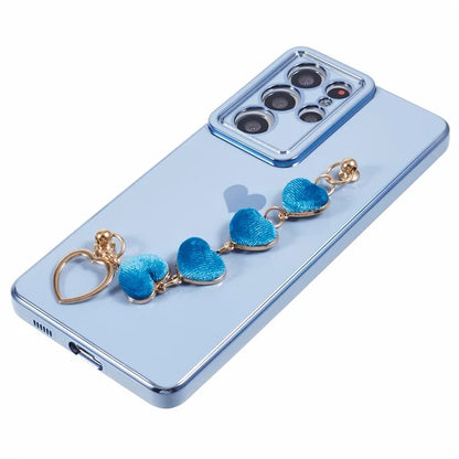 For Samsung Galaxy S21 Ultra 5G Case Electroplating TPU Phone Cover with Plush Love-Heart Strap